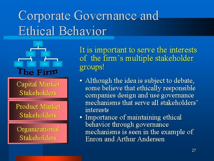 Corporate Governance and Ethical Behavior It is important to serve the interests of the