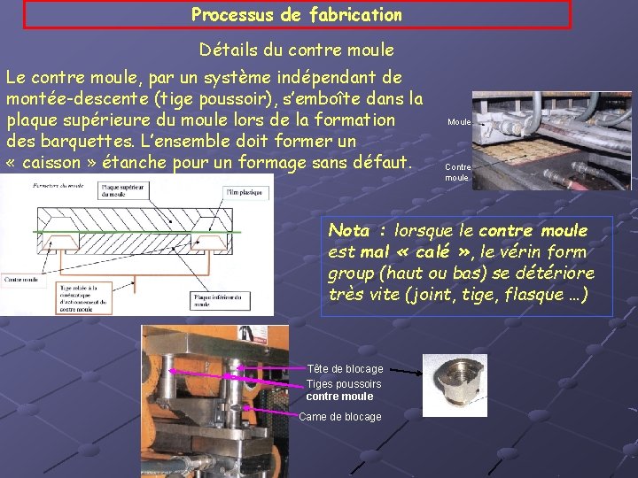 Processus de fabrication Détails du contre moule Le contre moule, par un système indépendant