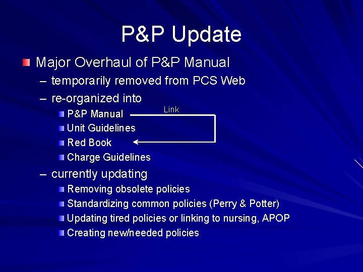 P&P Update Major Overhaul of P&P Manual – temporarily removed from PCS Web –