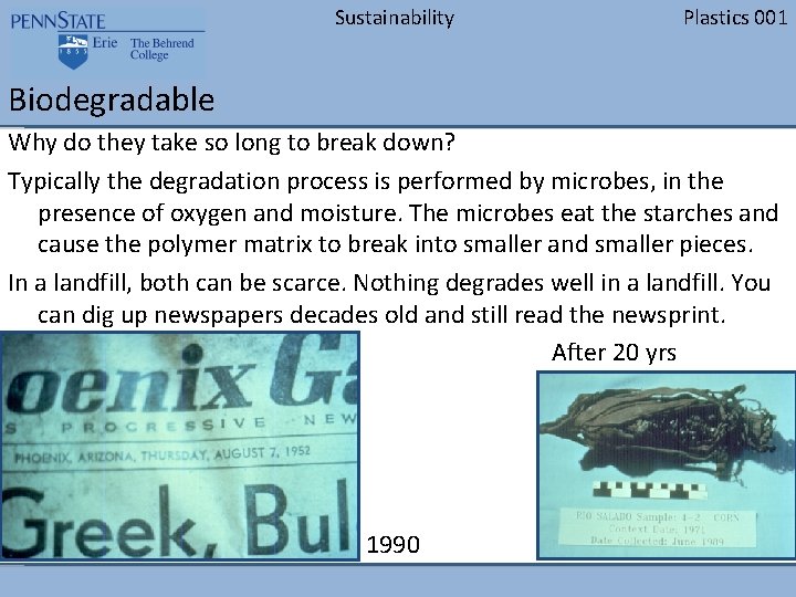 Sustainability Plastics 001 Biodegradable Why do they take so long to break down? Typically