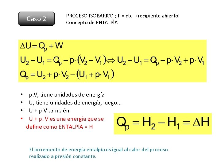Caso 2 • • PROCESO ISOBÁRICO ; P = cte (recipiente abierto) Concepto de