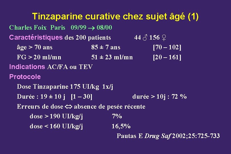 Tinzaparine curative chez sujet âgé (1) Charles Foix Paris 09/99 08/00 Caractéristiques des 200