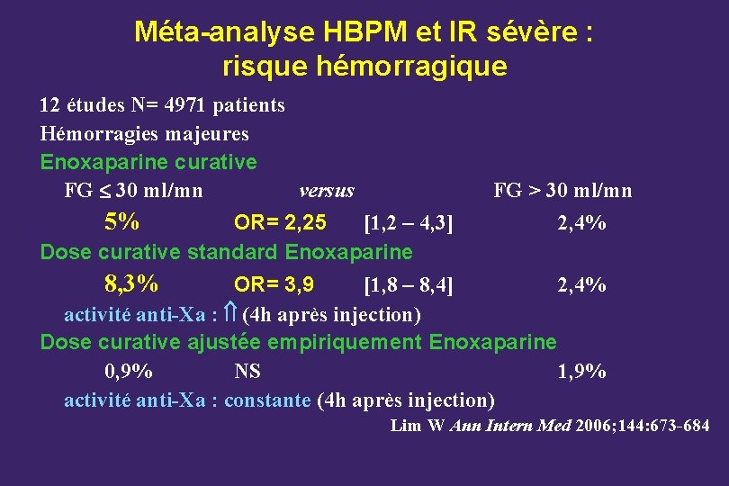 Méta-analyse HBPM et IR sévère : risque hémorragique 12 études N= 4971 patients Hémorragies