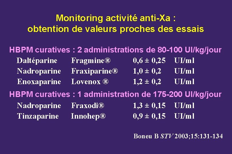 Monitoring activité anti-Xa : obtention de valeurs proches des essais HBPM curatives : 2