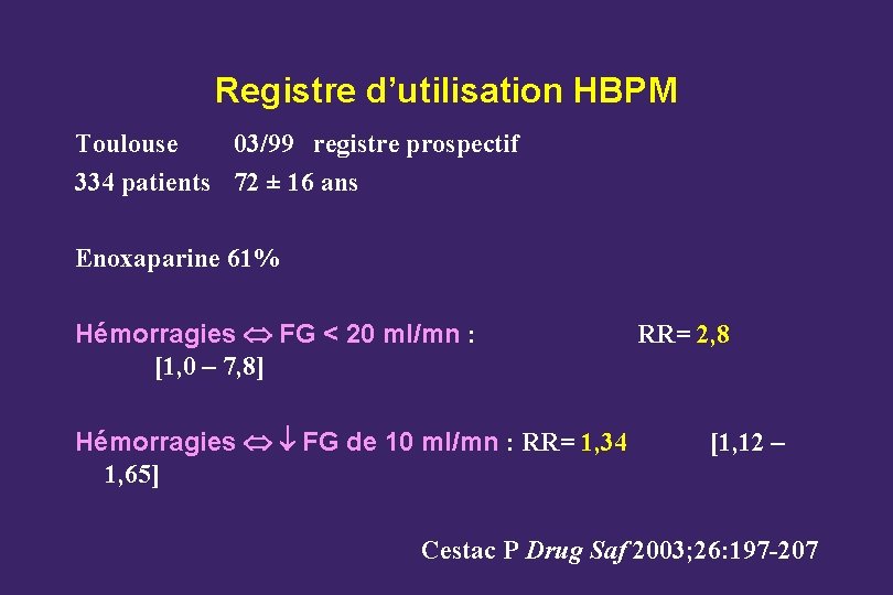 Registre d’utilisation HBPM Toulouse 03/99 registre prospectif 334 patients 72 ± 16 ans Enoxaparine