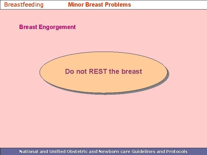 Breastfeeding Minor Breast Problems Breast Engorgement Do not REST the breast National and Unified