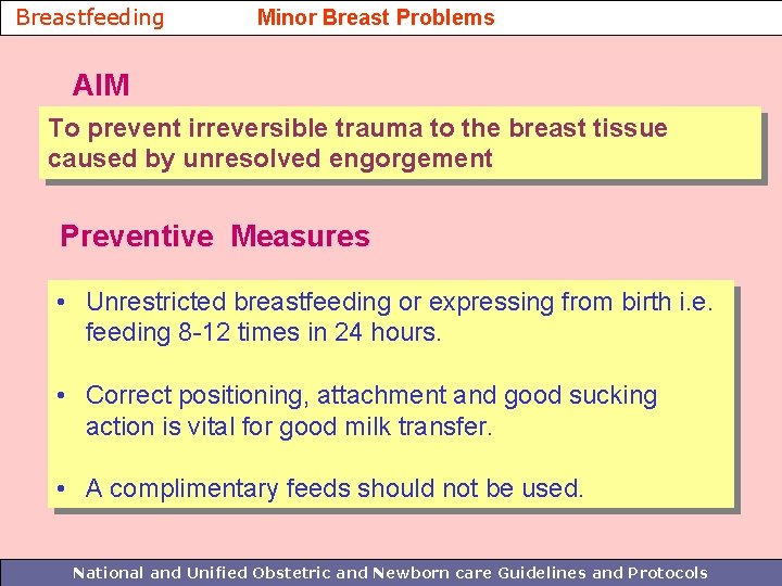 Breastfeeding Minor Breast Problems AIM To prevent irreversible trauma to the breast tissue caused