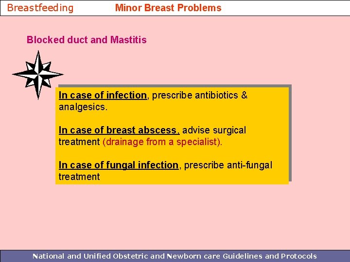 Breastfeeding Minor Breast Problems Blocked duct and Mastitis In case of infection, prescribe antibiotics