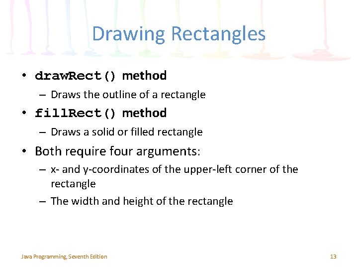 Drawing Rectangles • draw. Rect() method – Draws the outline of a rectangle • Drawing Rectangles • draw. Rect() method – Draws the outline of a rectangle •