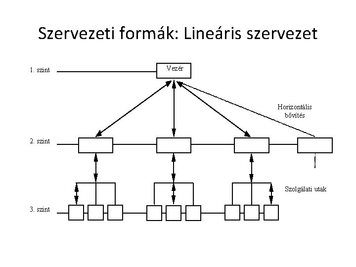 Szervezeti formák: Lineáris szervezet 1. szint Vezér Horizontális bővítés 2. szint Szolgálati utak 3.