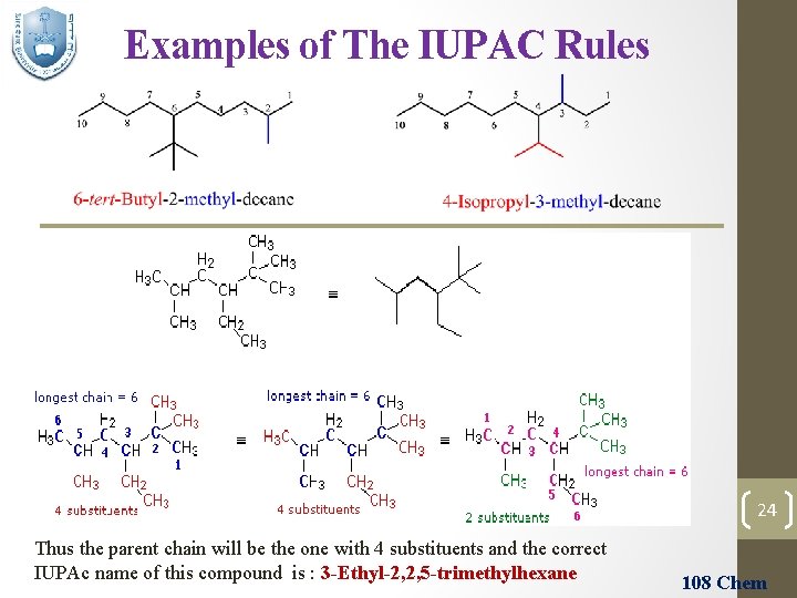 Examples of The IUPAC Rules 24 Thus the parent chain will be the one