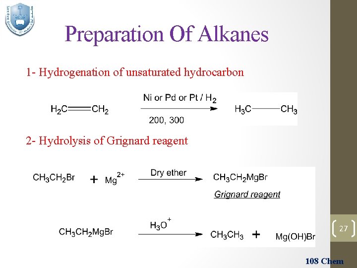 Preparation Of Alkanes 1 - Hydrogenation of unsaturated hydrocarbon 2 - Hydrolysis of Grignard