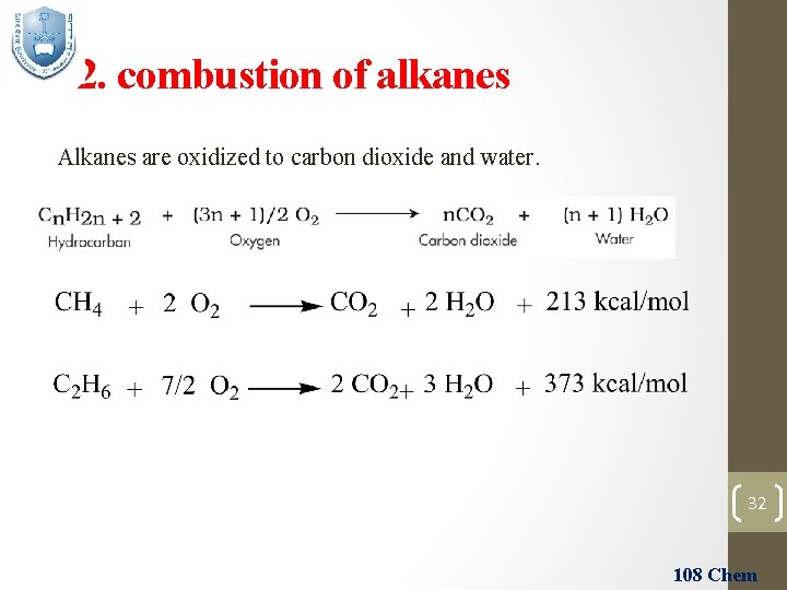 2. combustion of alkanes Alkanes are oxidized to carbon dioxide and water. 32 108