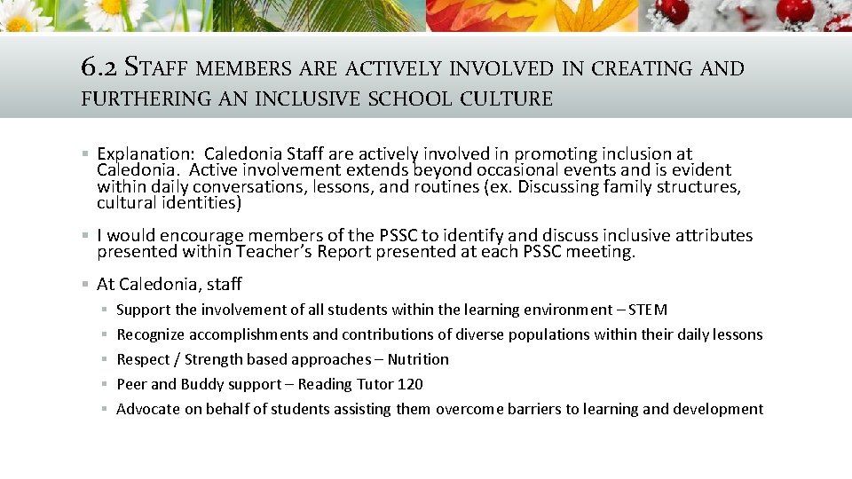 6. 2 STAFF MEMBERS ARE ACTIVELY INVOLVED IN CREATING AND FURTHERING AN INCLUSIVE SCHOOL