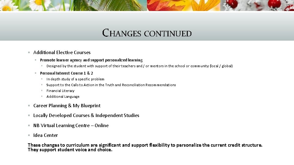 CHANGES CONTINUED § Additional Elective Courses § Promote learner agency and support personalized learning.