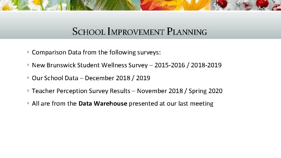 SCHOOL IMPROVEMENT PLANNING § Comparison Data from the following surveys: § New Brunswick Student