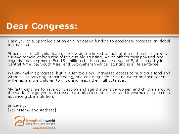 Dear Congress: I ask you to support legislation and increased funding to accelerate progress