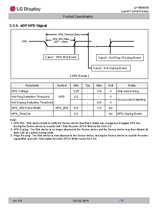 LP 156 WHB Liquid Crystal Display Product Specification 3 -3 -5. e. DP HPD