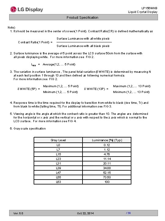 LP 156 WHB Liquid Crystal Display Product Specification Note) 1. It should be measured