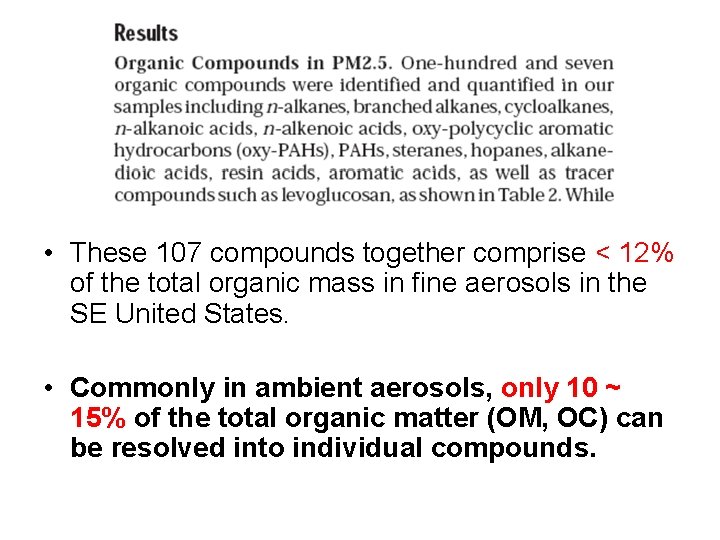  • These 107 compounds together comprise < 12% of the total organic mass
