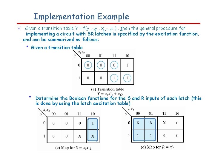 Implementation Example Given a transition table Y = f(y , -, y the general