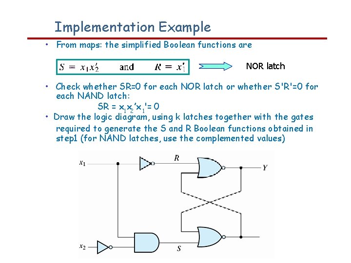 Implementation Example • From maps: the simplified Boolean functions are NOR latch • Check