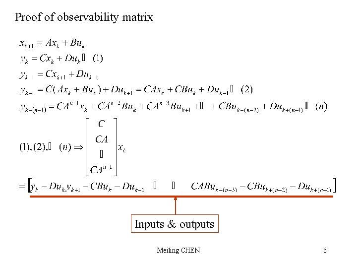 Proof of observability matrix Inputs & outputs Meiling CHEN 6 
