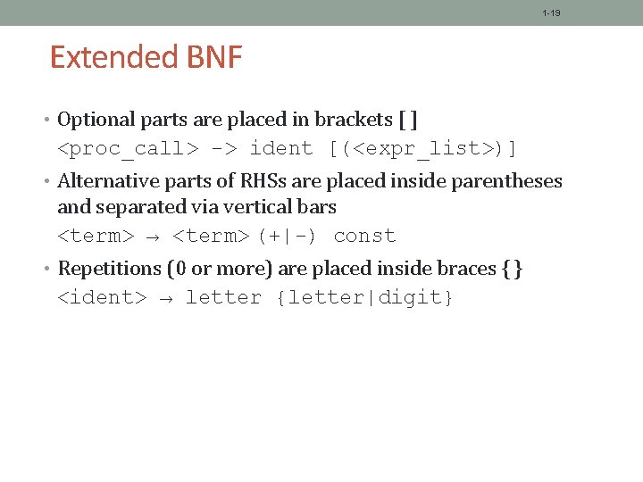 1 -19 Extended BNF • Optional parts are placed in brackets [ ] <proc_call>