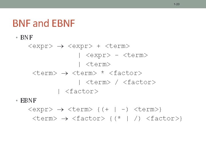 1 -20 BNF and EBNF • BNF <expr> + <term> | <expr> - <term>