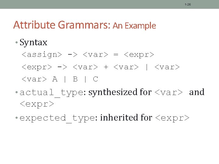 1 -26 Attribute Grammars: An Example • Syntax <assign> -> <var> = <expr> ->