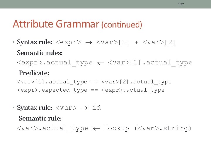 1 -27 Attribute Grammar (continued) • Syntax rule: <expr> <var>[1] + <var>[2] Semantic rules: