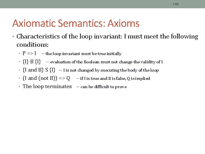 1 -53 Axiomatic Semantics: Axioms • Characteristics of the loop invariant: I must meet