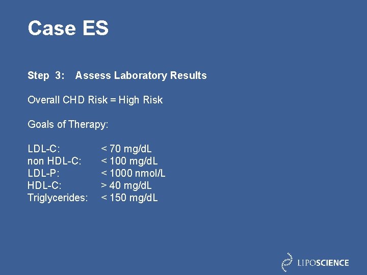 Case ES Step 3: Assess Laboratory Results Overall CHD Risk = High Risk Goals