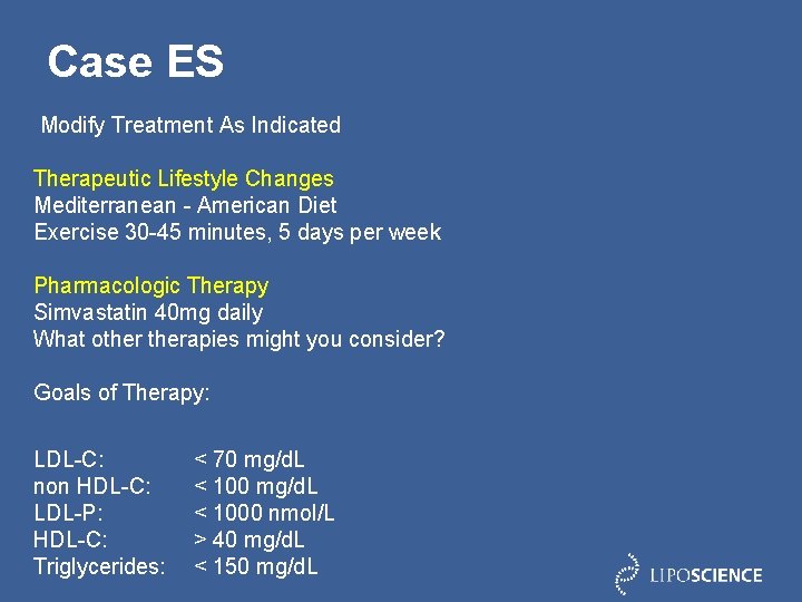 Case ES Modify Treatment As Indicated Therapeutic Lifestyle Changes Mediterranean - American Diet Exercise