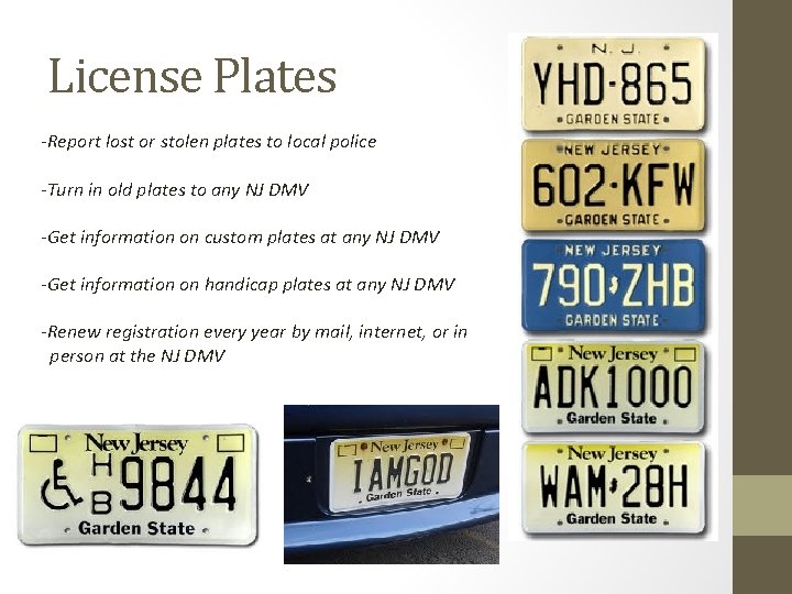License Plates -Report lost or stolen plates to local police -Turn in old plates
