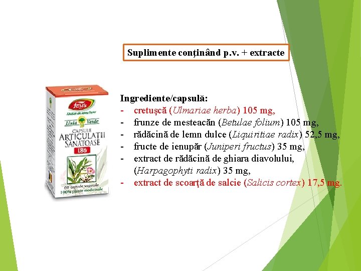 Suplimente conţinând p. v. + extracte Ingrediente/capsulă: - cretuşcă (Ulmariae herba) 105 mg, -