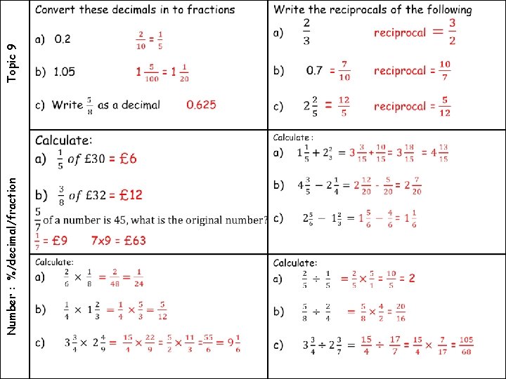 Number : %/decimal/fraction Topic 9 