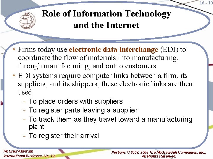 16 - 10 Role of Information Technology and the Internet • Firms today use