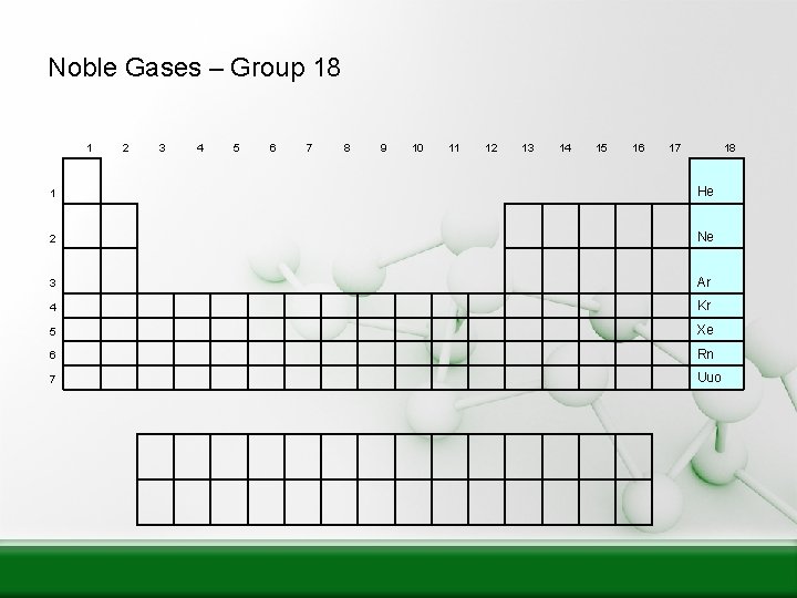 Noble Gases – Group 18 1 2 3 4 5 6 7 8 9