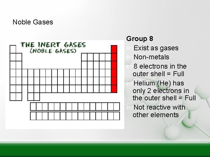 Noble Gases Group 8 Exist as gases Non-metals 8 electrons in the outer shell