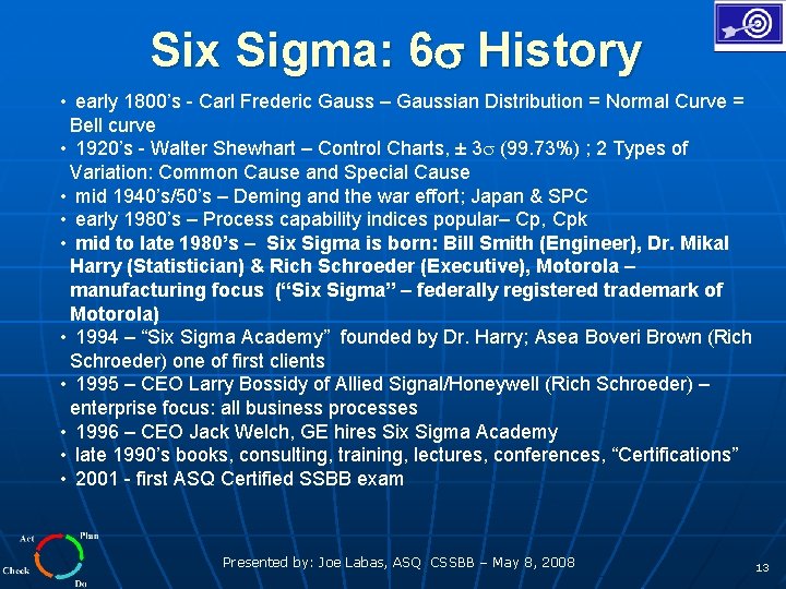 Six Sigma: 6 History • early 1800’s - Carl Frederic Gauss – Gaussian Distribution