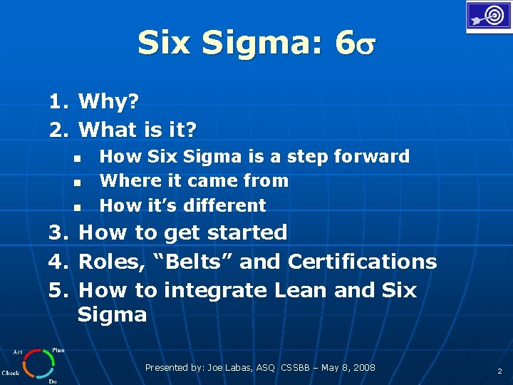 Six Sigma: 6 1. Why? 2. What is it? n n n How Six