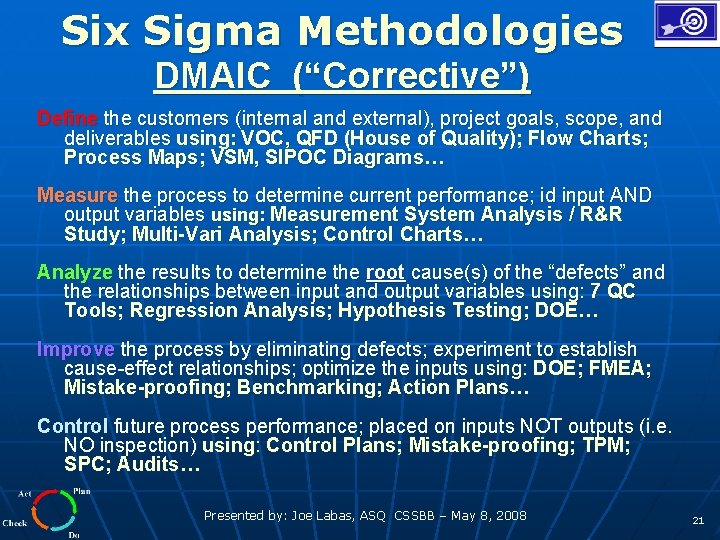 Six Sigma Methodologies DMAIC (“Corrective”) Define the customers (internal and external), project goals, scope,