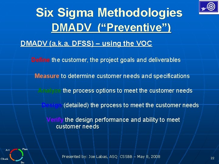 Six Sigma Methodologies DMADV (“Preventive”) DMADV (a. k. a. DFSS) – using the VOC