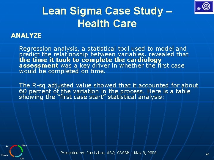 Lean Sigma Case Study – Health Care ANALYZE Regression analysis, a statistical tool used