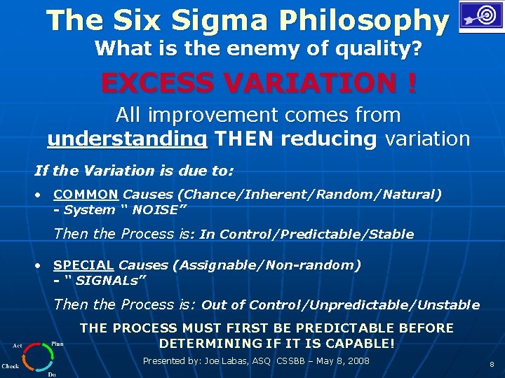 The Six Sigma Philosophy What is the enemy of quality? EXCESS VARIATION ! All