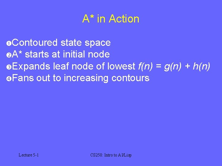 A* in Action Contoured state space A* starts at initial node Expands leaf node