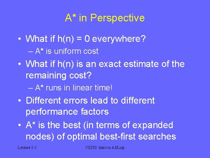 A* in Perspective • What if h(n) = 0 everywhere? – A* is uniform