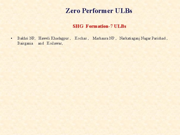 Zero Performer ULBs SHG Formation-7 ULBs • Bakhri NP, Haweli Khadagpur , Kochas ,