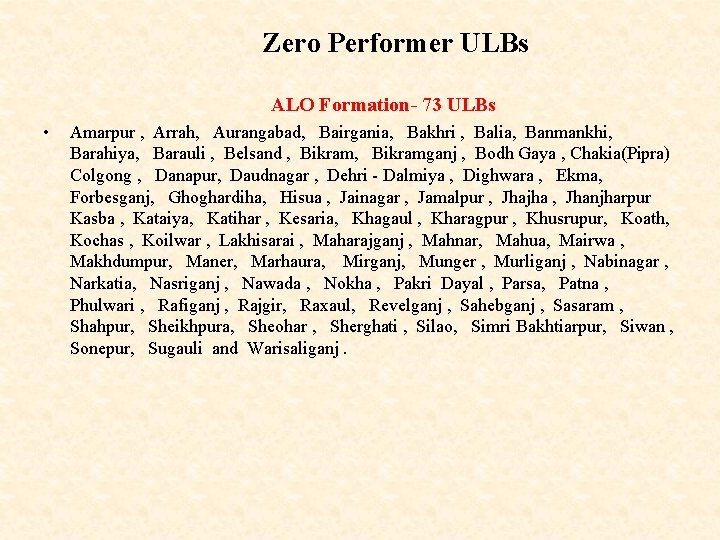 Zero Performer ULBs ALO Formation- 73 ULBs • Amarpur , Arrah, Aurangabad, Bairgania, Bakhri